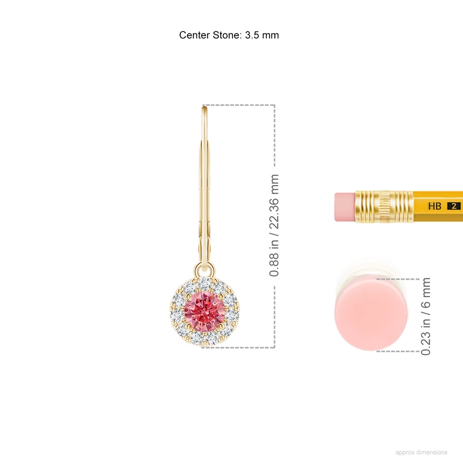 3.5mm Labgrown Round Lab-Grown Fancy Intense Pink Diamond Leverback Halo Dangle Earrings in Yellow Gold ruler