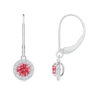 4.5mm Labgrown Round Lab-Grown Fancy Intense Pink Diamond Leverback Halo Dangle Earrings in P950 Platinum