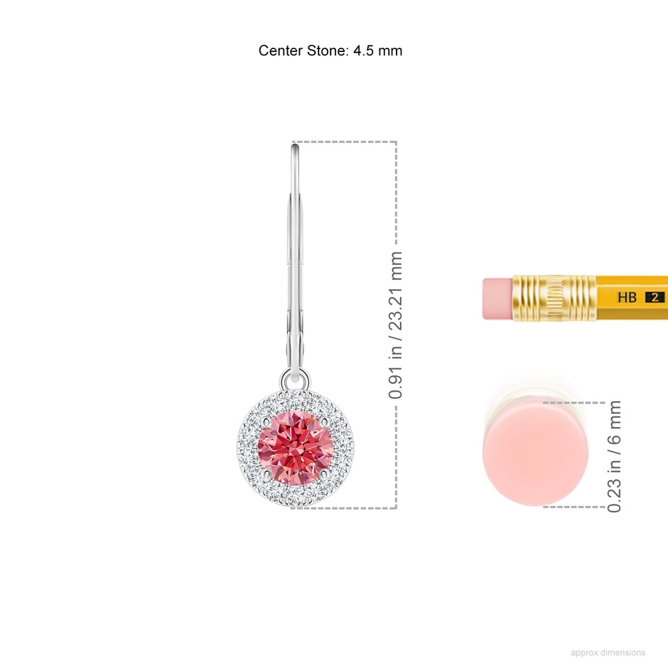 4.5mm Labgrown Round Lab-Grown Fancy Intense Pink Diamond Leverback Halo Dangle Earrings in White Gold ruler