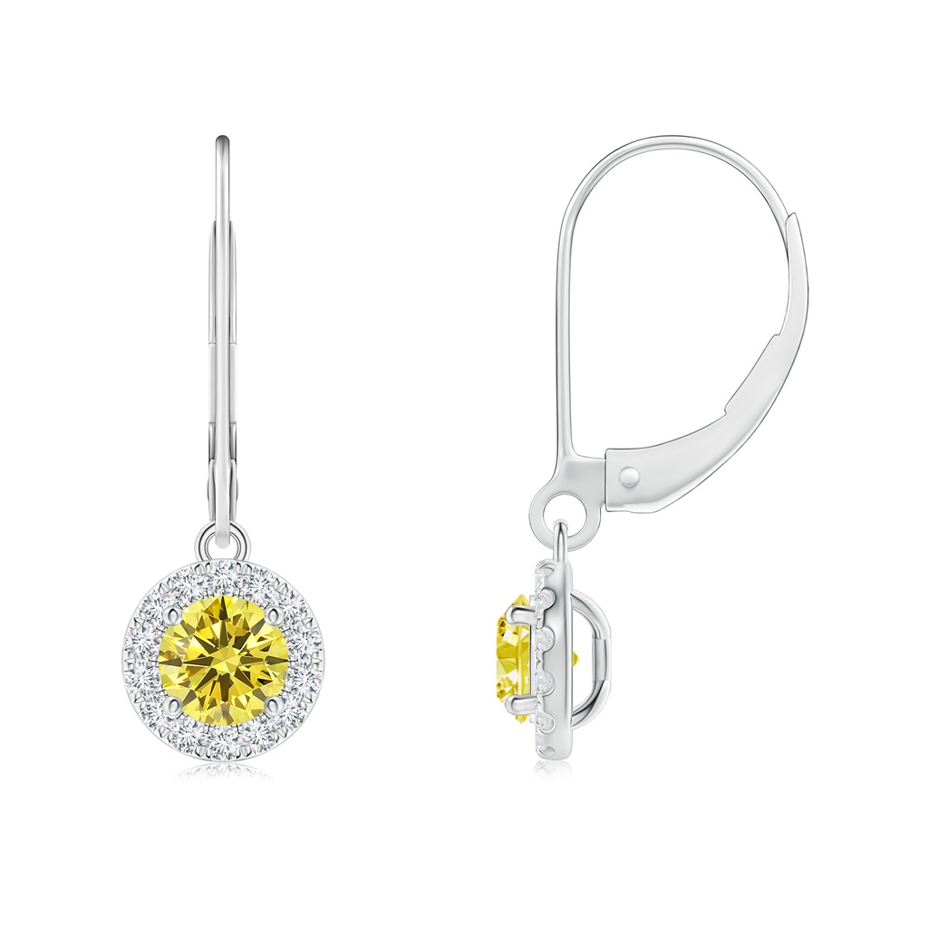 4.5mm Labgrown Round Lab-Grown Fancy Intense Yellow Diamond Leverback Halo Dangle Earrings in White Gold