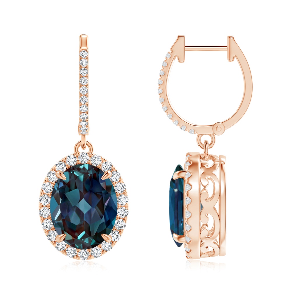 10x8mm Labgrown Oval Lab-Grown Alexandrite Dangle Earrings with Diamond Halo in Rose Gold