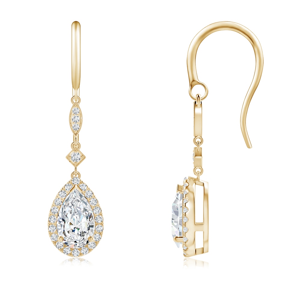 8x5mm FGVS Lab-Grown Pear-Shaped Diamond Halo Dangle Earrings in Yellow Gold