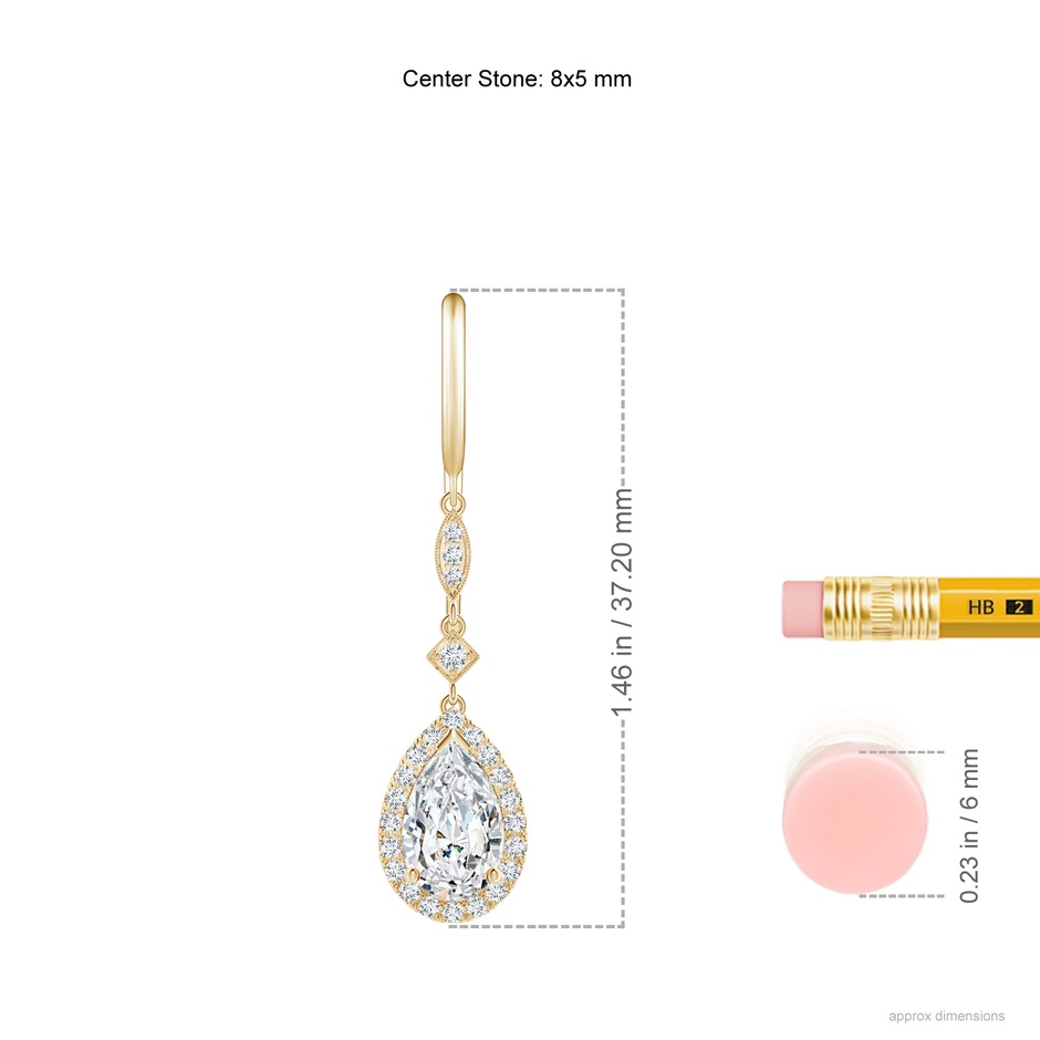 8x5mm FGVS Lab-Grown Pear-Shaped Diamond Halo Dangle Earrings in Yellow Gold ruler