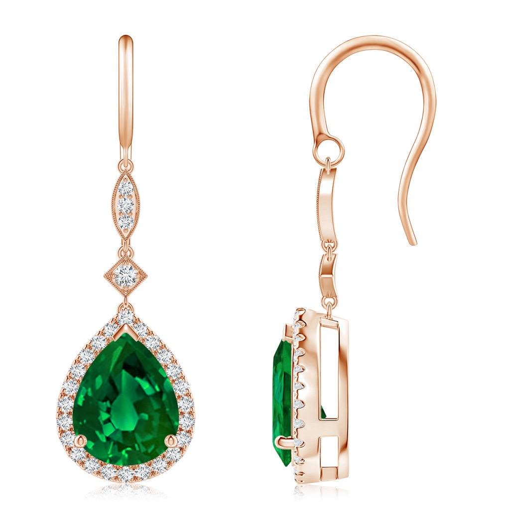 10x8mm Labgrown Lab-Grown Pear-Shaped Emerald Halo Dangle Earrings in Rose Gold