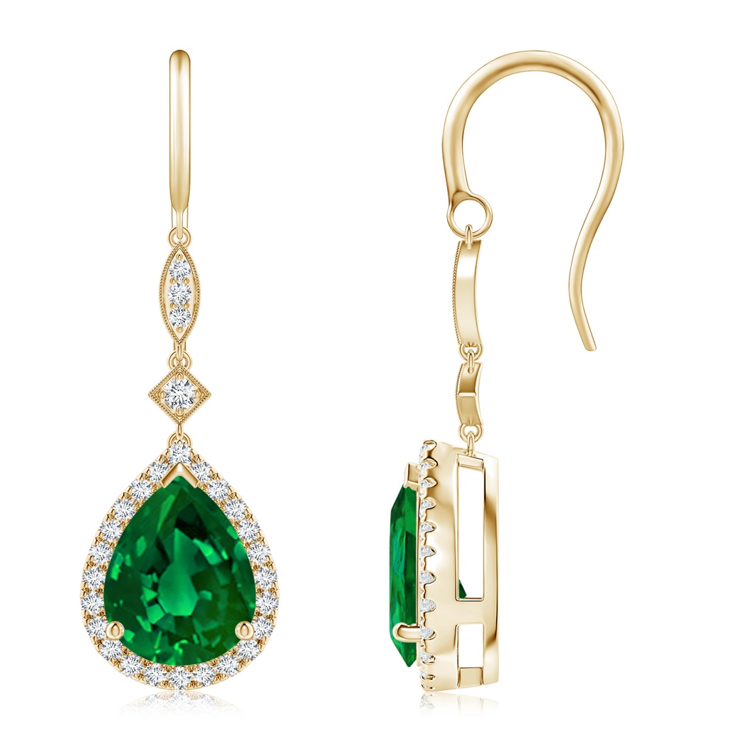 10x8mm Labgrown Lab-Grown Pear-Shaped Emerald Halo Dangle Earrings in Yellow Gold