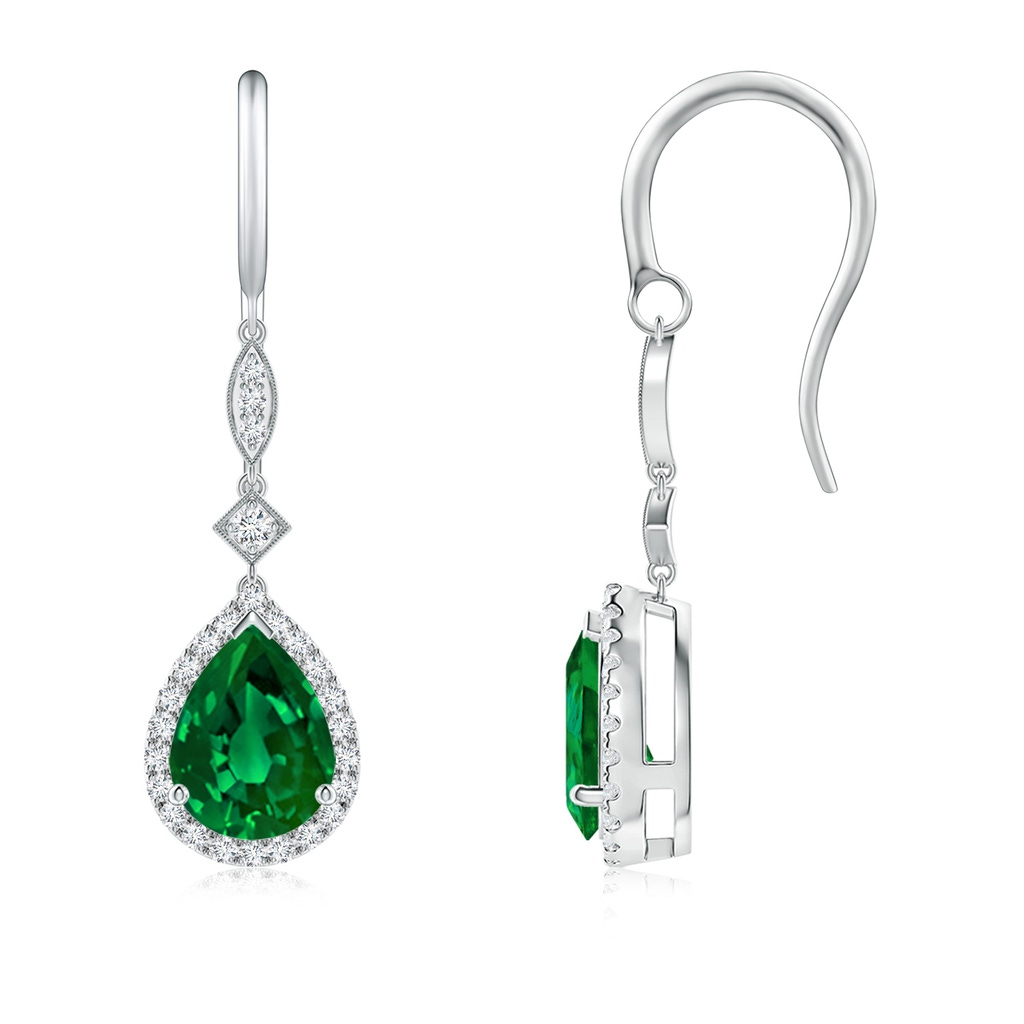 8x6mm Labgrown Lab-Grown Pear-Shaped Emerald Halo Dangle Earrings in White Gold