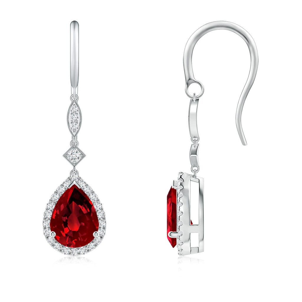 8x6mm Labgrown Lab-Grown Pear-Shaped Ruby Halo Dangle Earrings in White Gold 