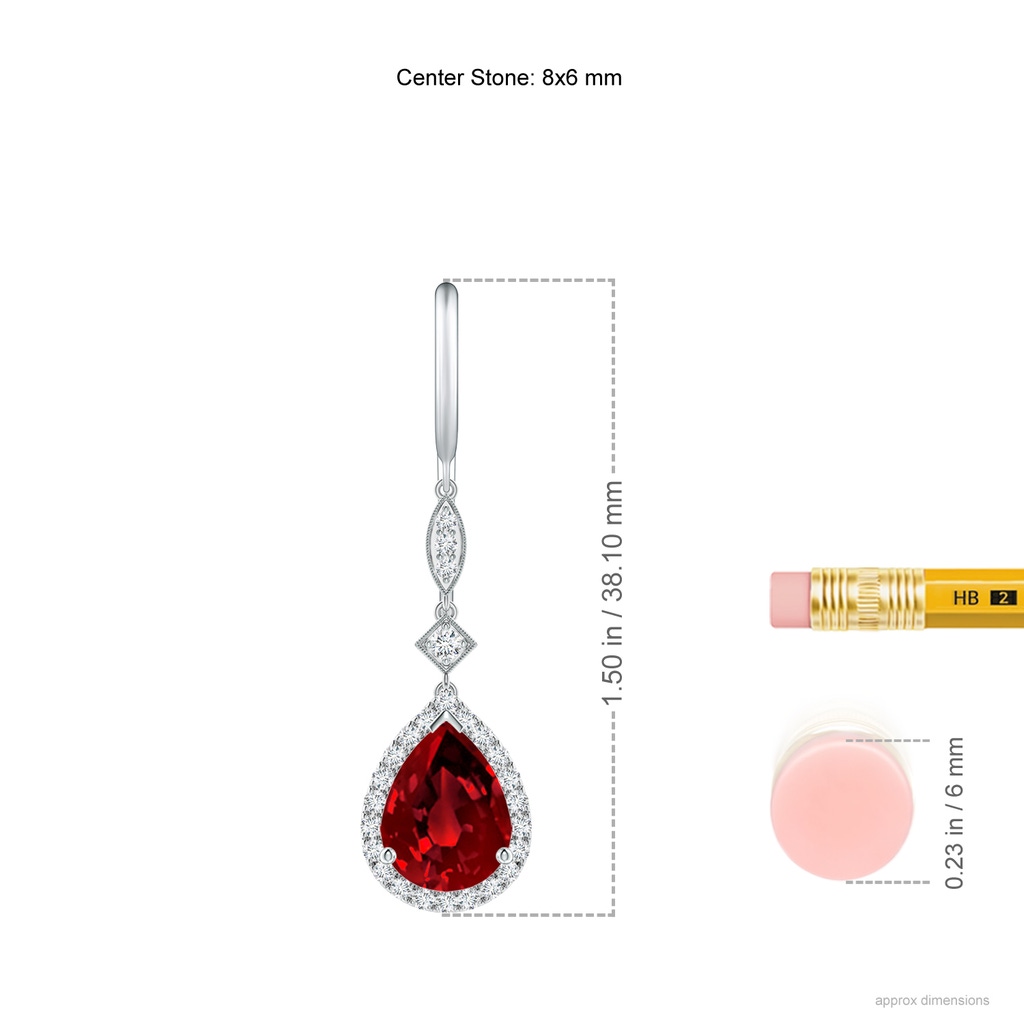 8x6mm Labgrown Lab-Grown Pear-Shaped Ruby Halo Dangle Earrings in White Gold ruler