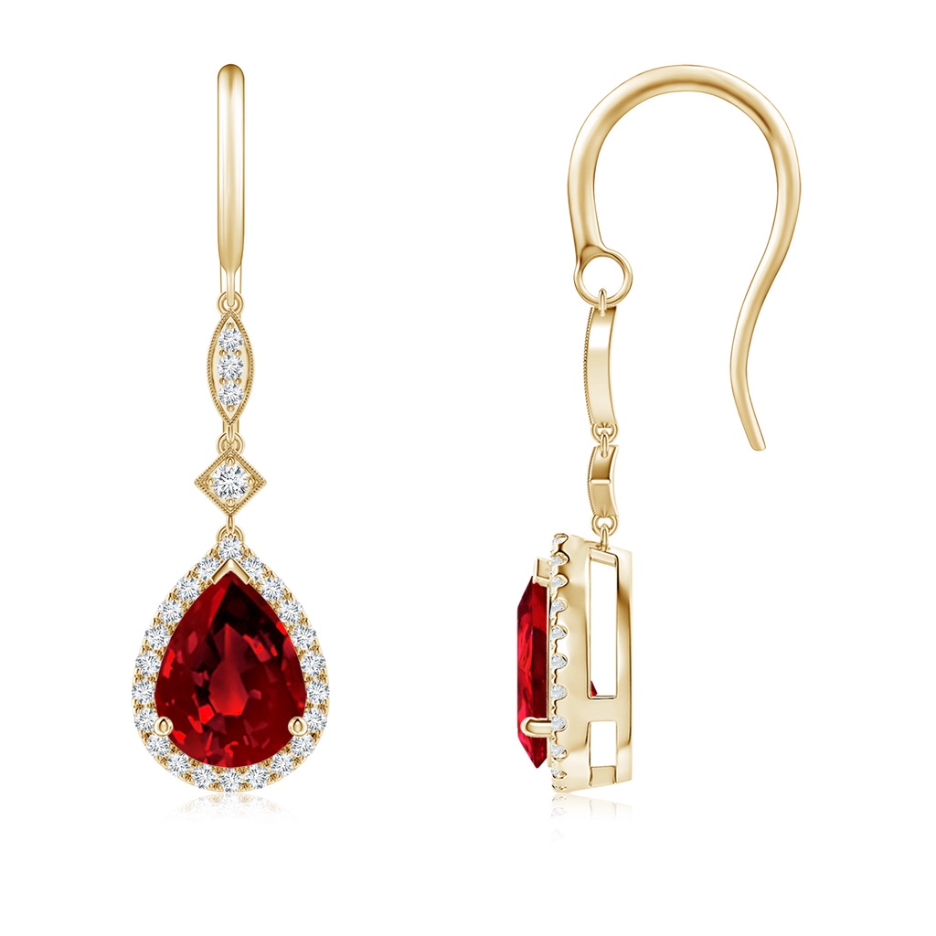 8x6mm Labgrown Lab-Grown Pear-Shaped Ruby Halo Dangle Earrings in Yellow Gold