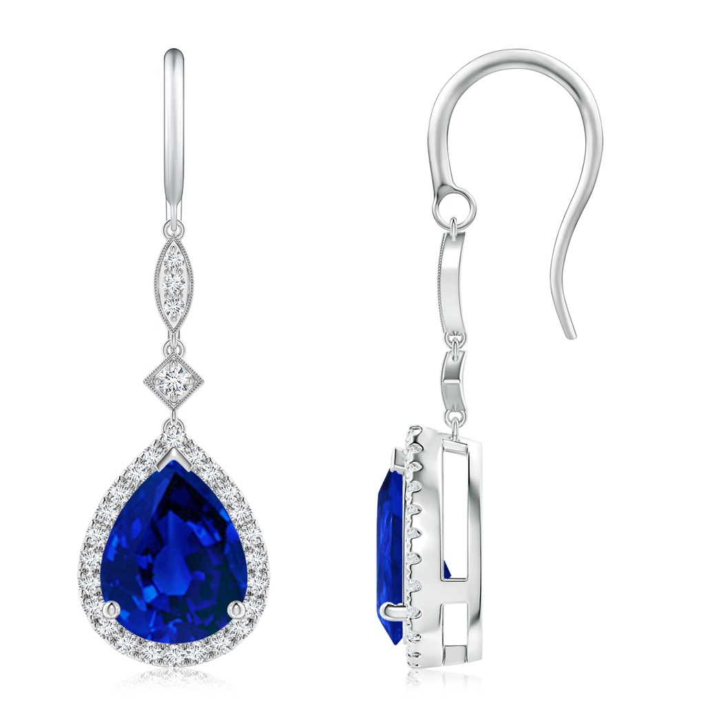 10x8mm Labgrown Lab-Grown Pear-Shaped Blue Sapphire Halo Dangle Earrings in White Gold