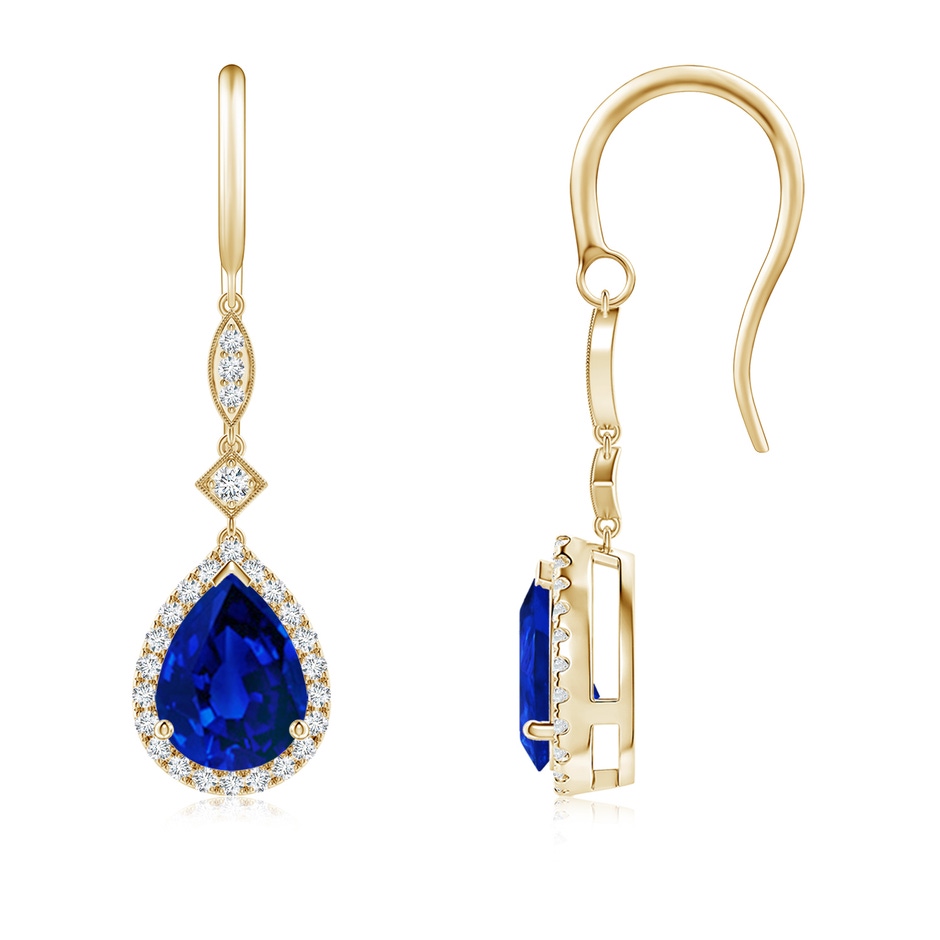 8x6mm Labgrown Lab-Grown Pear-Shaped Blue Sapphire Halo Dangle Earrings in Yellow Gold 