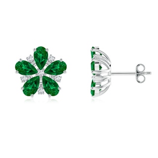 5x3mm Labgrown Pear Lab-Grown Emerald and Diamond Flower Stud Earrings in White Gold