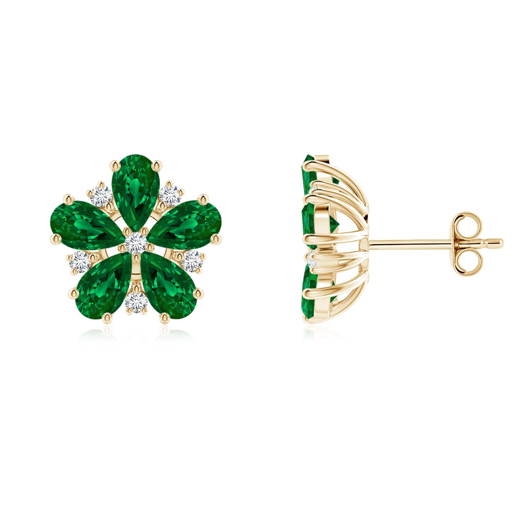 5x3mm Labgrown Pear Lab-Grown Emerald and Diamond Flower Stud Earrings in Yellow Gold