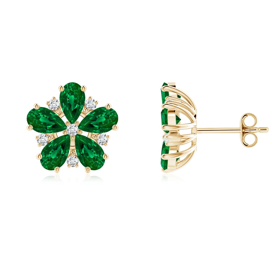 5x3mm Labgrown Pear Lab-Grown Emerald and Diamond Flower Stud Earrings in Yellow Gold 