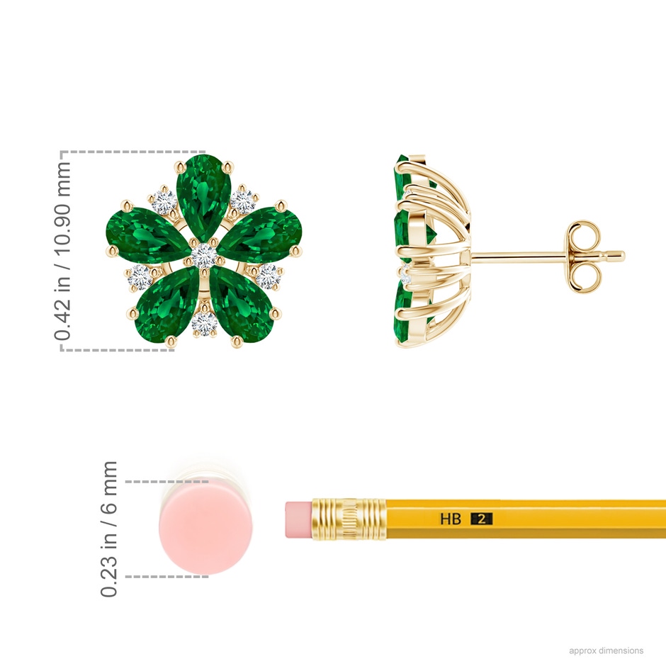5x3mm Labgrown Pear Lab-Grown Emerald and Diamond Flower Stud Earrings in Yellow Gold ruler
