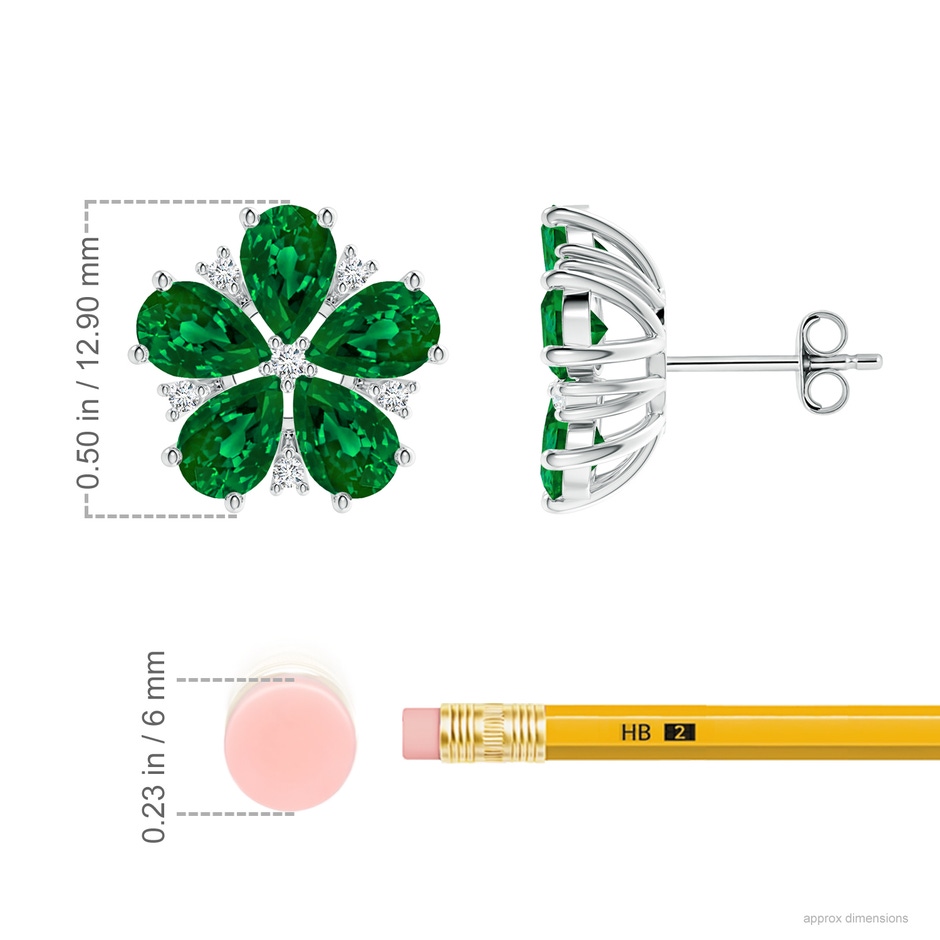 6x4mm Labgrown Pear Lab-Grown Emerald and Diamond Flower Stud Earrings in P950 Platinum ruler