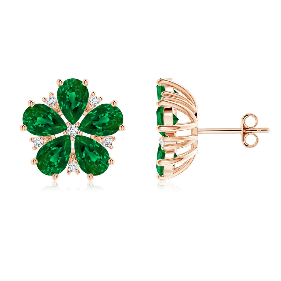6x4mm Labgrown Pear Lab-Grown Emerald and Diamond Flower Stud Earrings in Rose Gold 