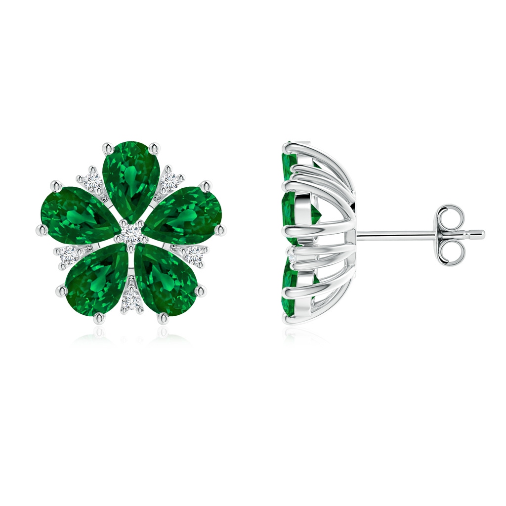 6x4mm Labgrown Pear Lab-Grown Emerald and Diamond Flower Stud Earrings in White Gold