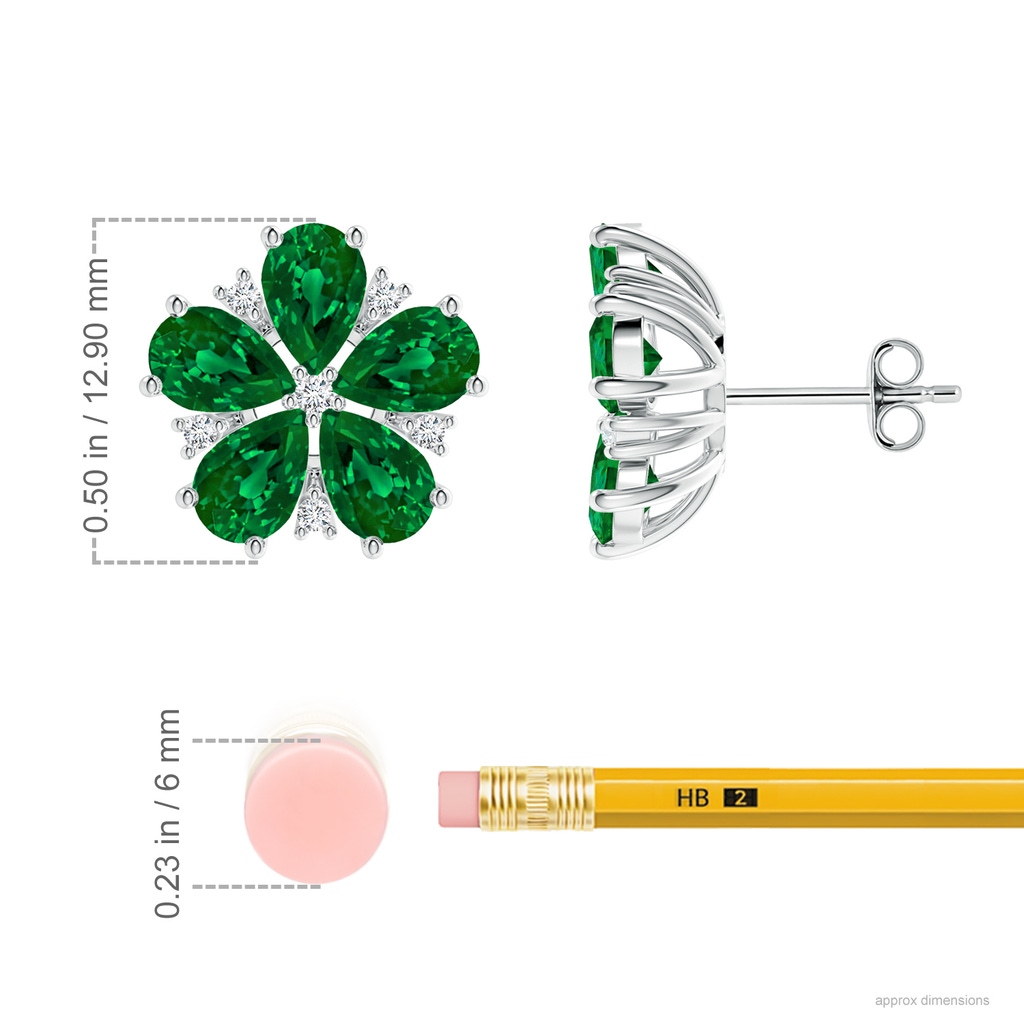 6x4mm Labgrown Pear Lab-Grown Emerald and Diamond Flower Stud Earrings in White Gold ruler