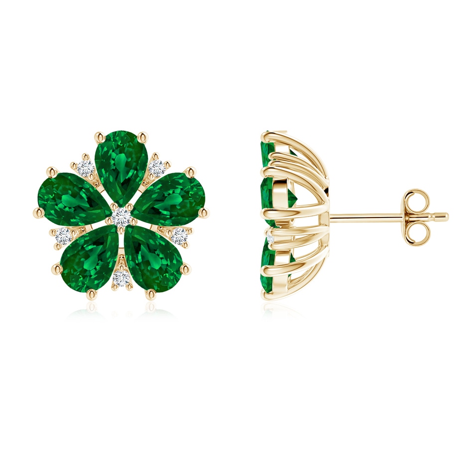 6x4mm Labgrown Pear Lab-Grown Emerald and Diamond Flower Stud Earrings in Yellow Gold 