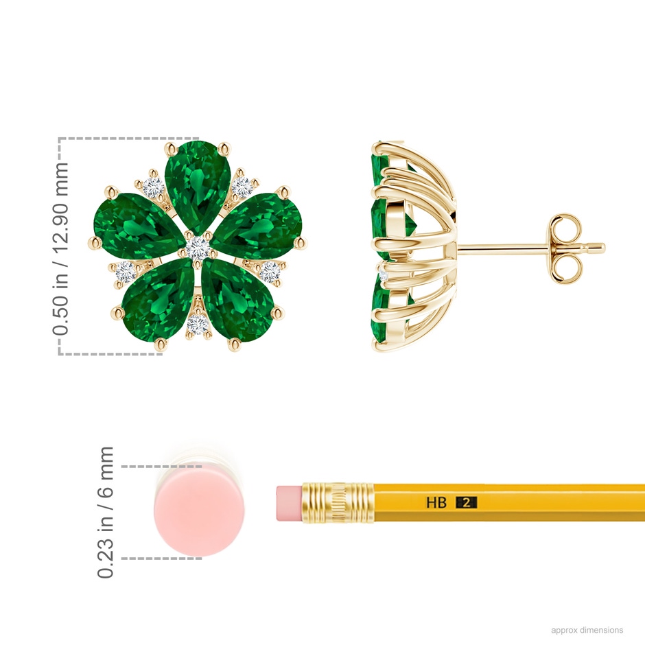 6x4mm Labgrown Pear Lab-Grown Emerald and Diamond Flower Stud Earrings in Yellow Gold ruler