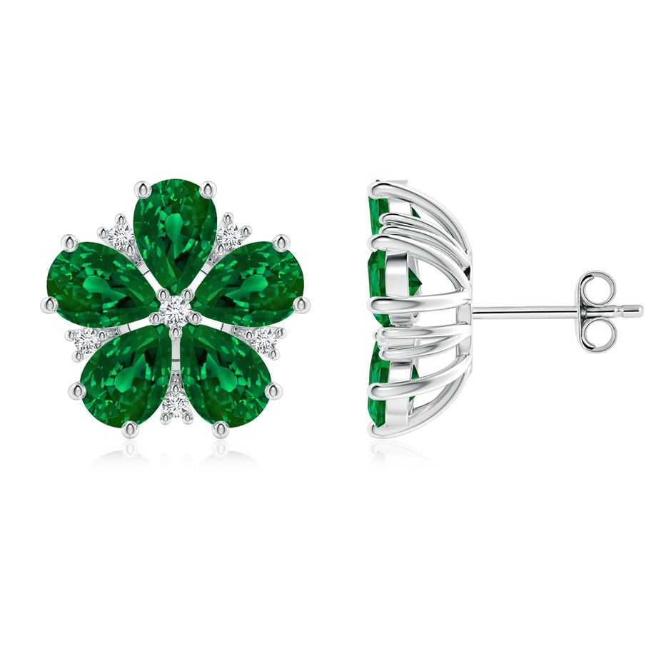 7x5mm Labgrown Pear Lab-Grown Emerald and Diamond Flower Stud Earrings in White Gold 