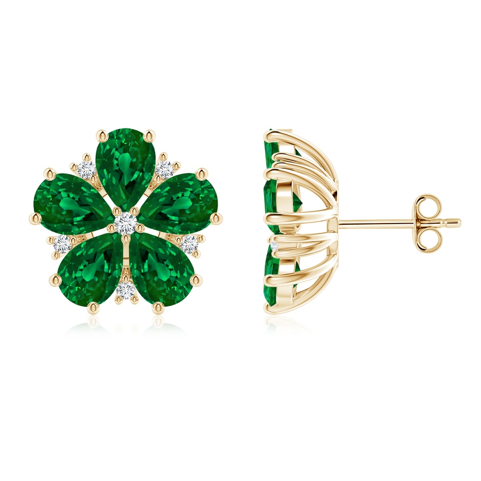 7x5mm Labgrown Pear Lab-Grown Emerald and Diamond Flower Stud Earrings in Yellow Gold 