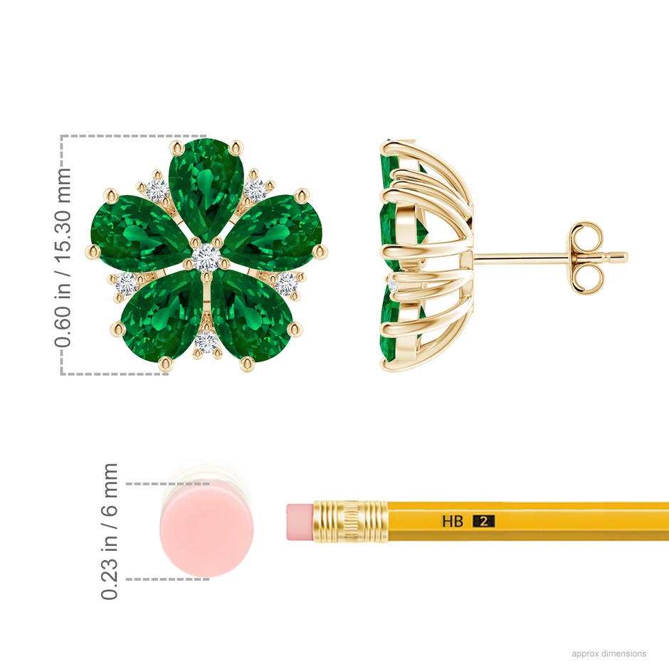 7x5mm Labgrown Pear Lab-Grown Emerald and Diamond Flower Stud Earrings in Yellow Gold ruler