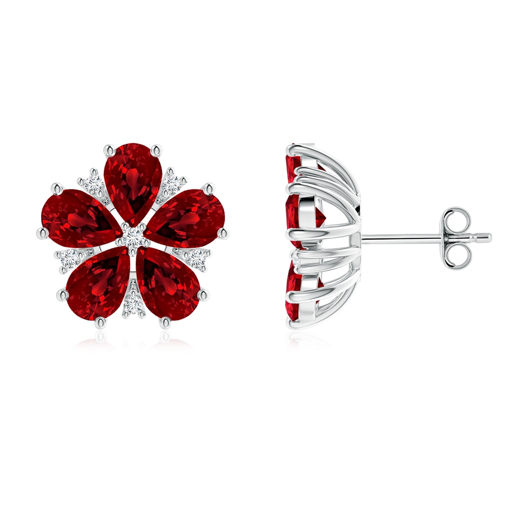 6x4mm Labgrown Pear Lab-Grown Ruby and Diamond Flower Stud Earrings in White Gold