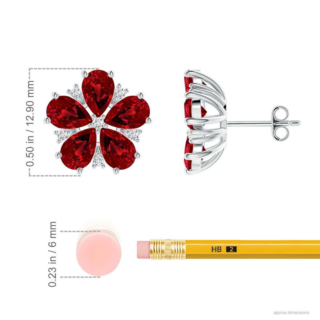 6x4mm Labgrown Pear Lab-Grown Ruby and Diamond Flower Stud Earrings in White Gold ruler
