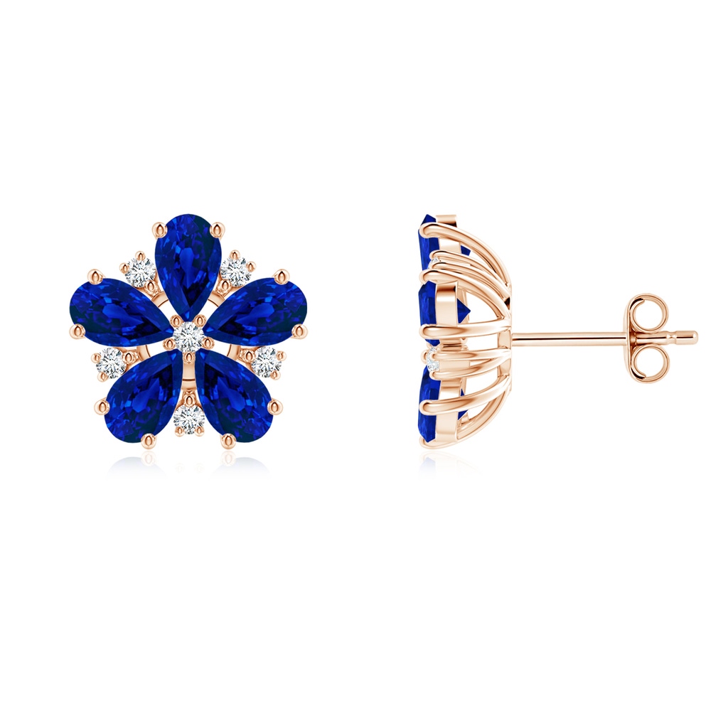 5x3mm Labgrown Pear Lab-Grown Blue Sapphire and Diamond Flower Stud Earrings in Rose Gold