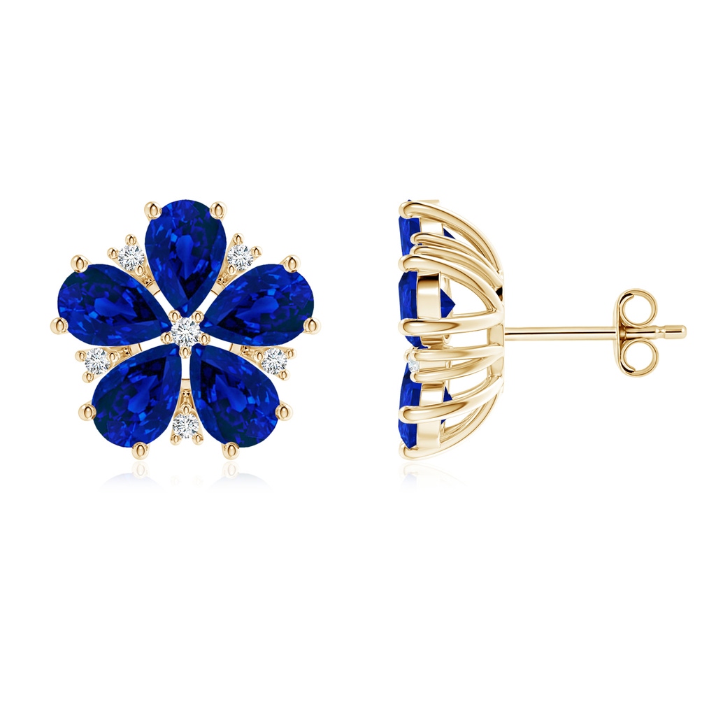 6x4mm Labgrown Pear Lab-Grown Blue Sapphire and Diamond Flower Stud Earrings in Yellow Gold