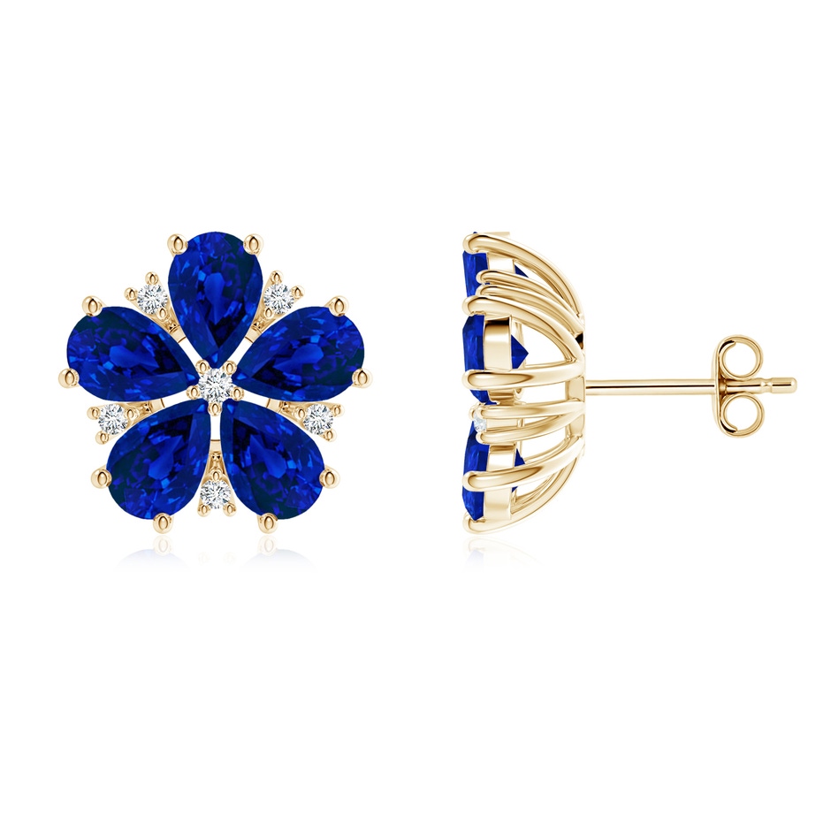 6x4mm Labgrown Pear Lab-Grown Blue Sapphire and Diamond Flower Stud Earrings in Yellow Gold 