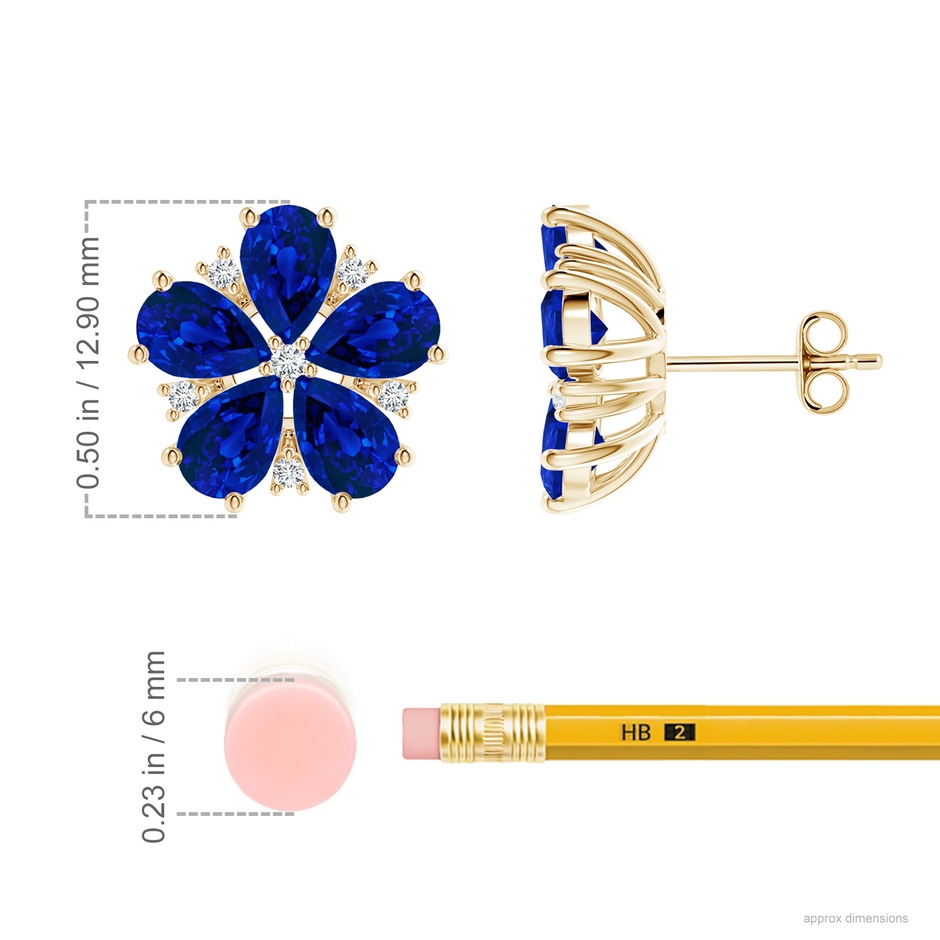 6x4mm Labgrown Pear Lab-Grown Blue Sapphire and Diamond Flower Stud Earrings in Yellow Gold ruler