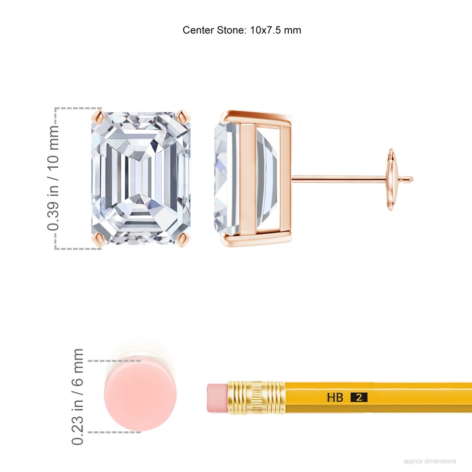 10x7.5mm FGVS Lab-Grown Prong-Set Emerald-Cut Diamond Solitaire Stud Earrings in Rose Gold ruler
