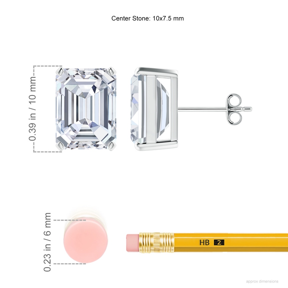 10x7.5mm FGVS Lab-Grown Prong-Set Emerald-Cut Diamond Solitaire Stud Earrings in S999 Silver ruler