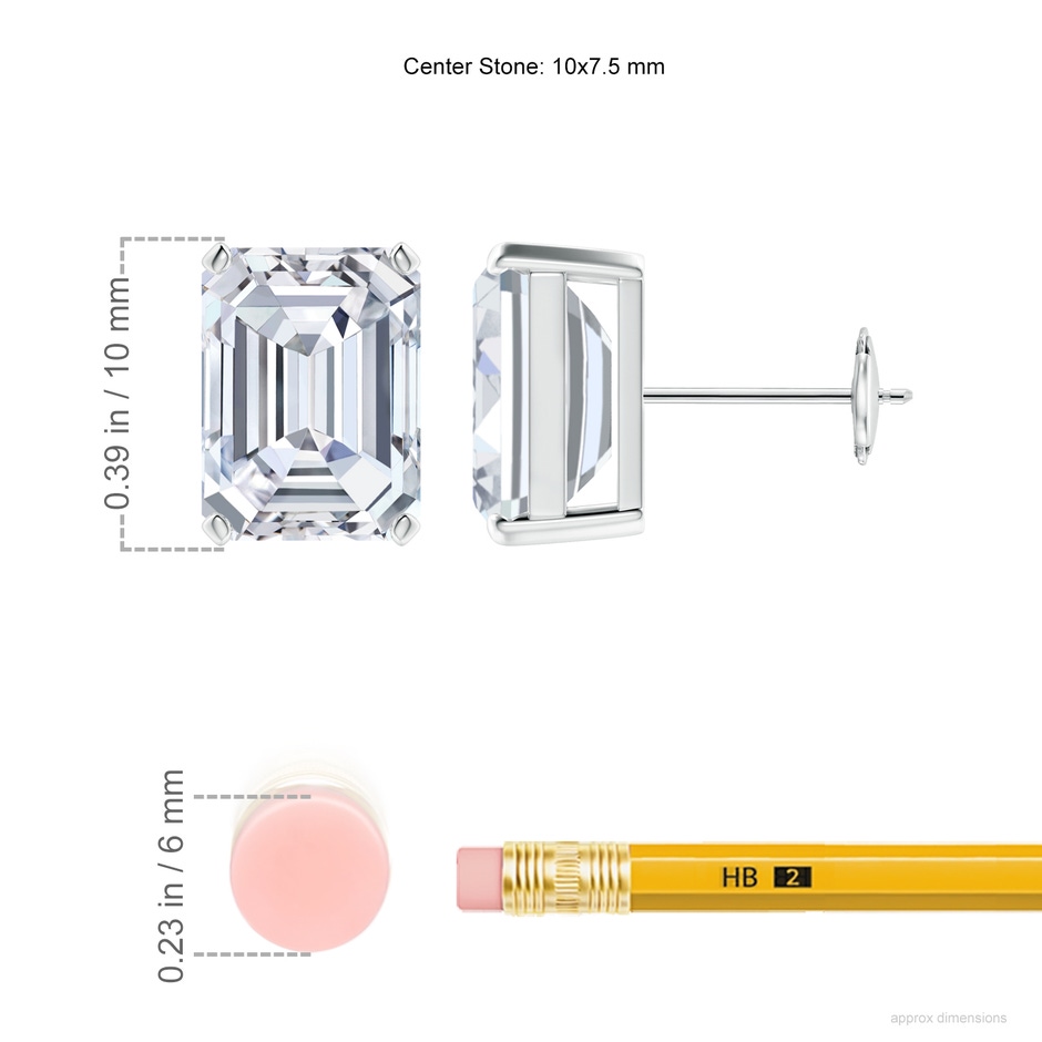 10x7.5mm FGVS Lab-Grown Prong-Set Emerald-Cut Diamond Solitaire Stud Earrings in White Gold ruler