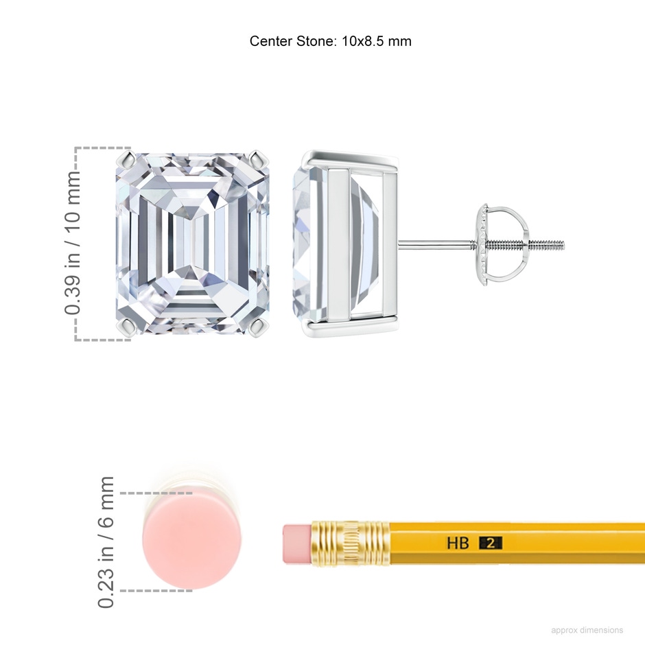10x8.5mm FGVS Lab-Grown Prong-Set Emerald-Cut Diamond Solitaire Stud Earrings in P950 Platinum ruler