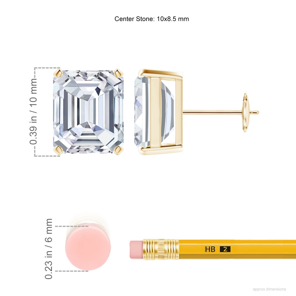 10x8.5mm FGVS Lab-Grown Prong-Set Emerald-Cut Diamond Solitaire Stud Earrings in Yellow Gold ruler