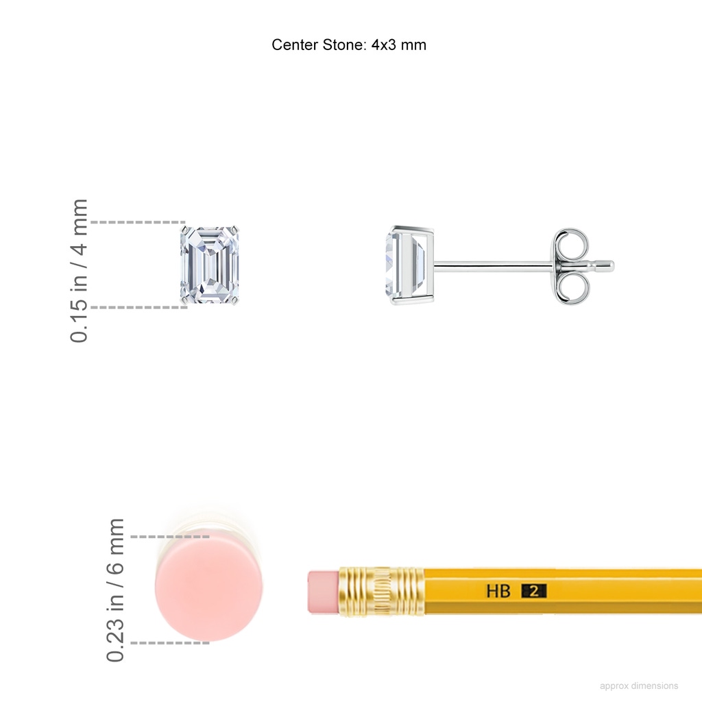4x3mm FGVS Lab-Grown Prong-Set Emerald-Cut Diamond Solitaire Stud Earrings in S999 Silver ruler