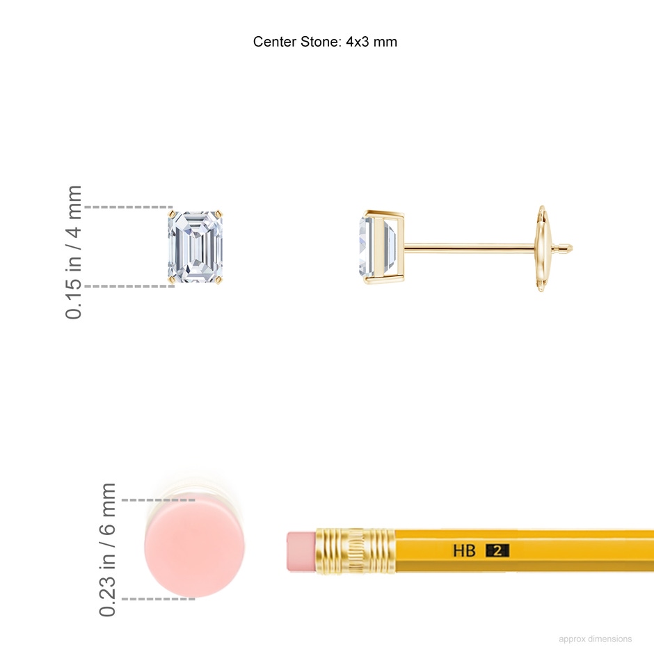 4x3mm FGVS Lab-Grown Prong-Set Emerald-Cut Diamond Solitaire Stud Earrings in Yellow Gold ruler