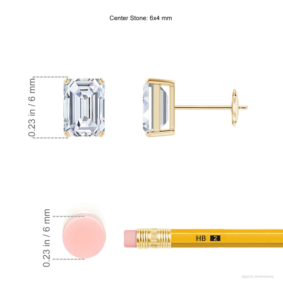 6x4mm FGVS Lab-Grown Prong-Set Emerald-Cut Diamond Solitaire Stud Earrings in Yellow Gold ruler