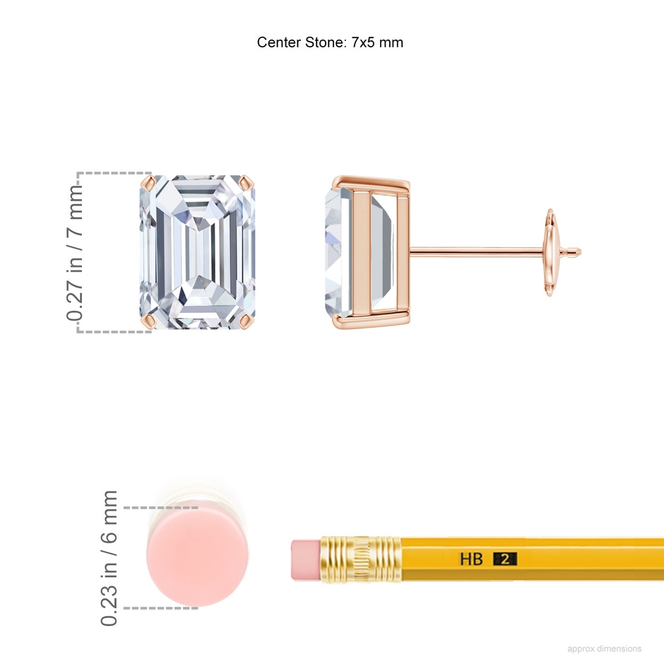 7x5mm FGVS Lab-Grown Prong-Set Emerald-Cut Diamond Solitaire Stud Earrings in Rose Gold ruler