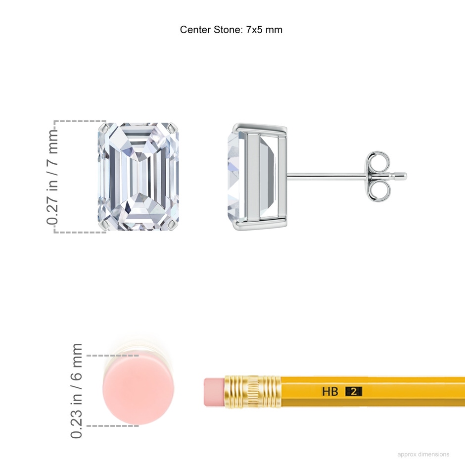 7x5mm FGVS Lab-Grown Prong-Set Emerald-Cut Diamond Solitaire Stud Earrings in S999 Silver ruler