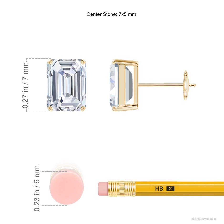 7x5mm FGVS Lab-Grown Prong-Set Emerald-Cut Diamond Solitaire Stud Earrings in Yellow Gold ruler