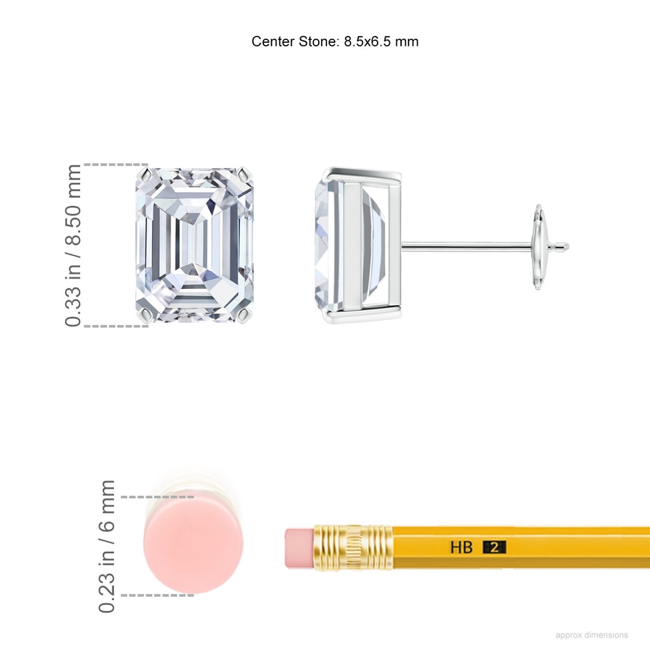 8.5x6.5mm FGVS Lab-Grown Prong-Set Emerald-Cut Diamond Solitaire Stud Earrings in White Gold ruler