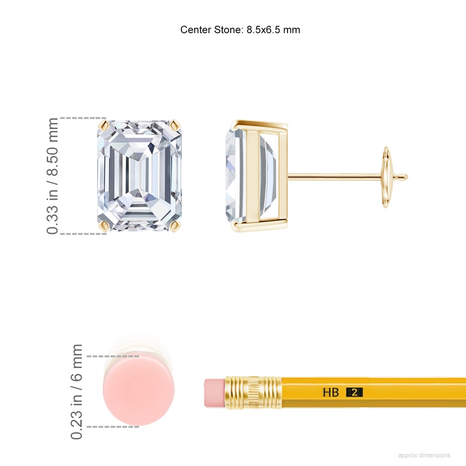 8.5x6.5mm FGVS Lab-Grown Prong-Set Emerald-Cut Diamond Solitaire Stud Earrings in Yellow Gold ruler