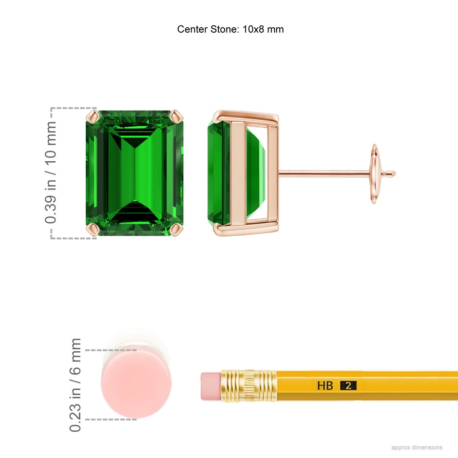 10x8mm Labgrown Lab-Grown Prong-Set Emerald-Cut Emerald Solitaire Stud Earrings in Rose Gold ruler