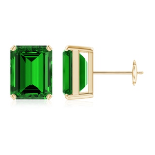 10x8mm Labgrown Lab-Grown Prong-Set Emerald-Cut Emerald Solitaire Stud Earrings in Yellow Gold