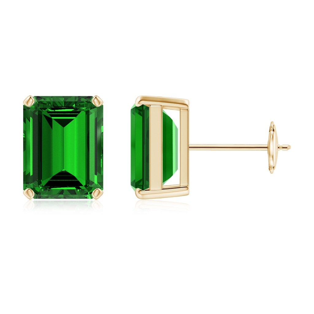 9x7mm Labgrown Lab-Grown Prong-Set Emerald-Cut Emerald Solitaire Stud Earrings in Yellow Gold